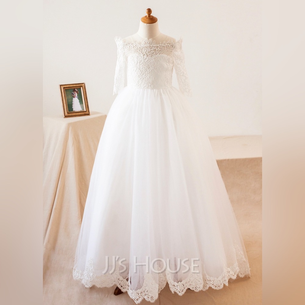 A-Line Bateau Floor-length Tulle Lace Long Sleeves Flower Girl Dress Size 13